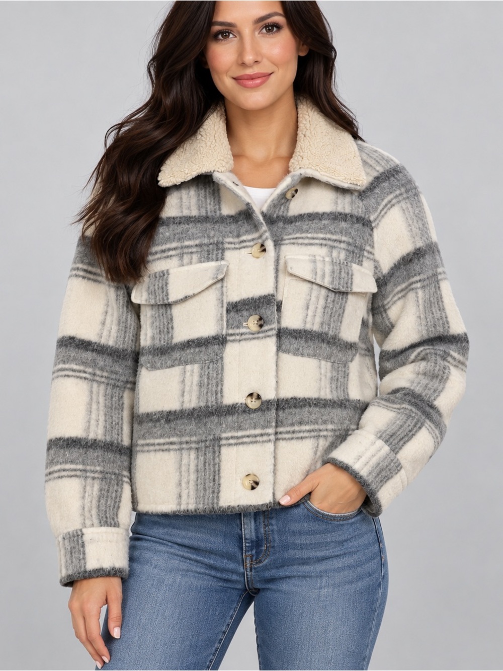 ZARA Plaid Sherpa Collar Jacket Gray Cream Shacket Women’s